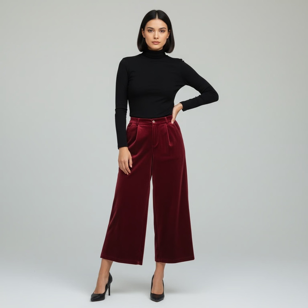 Red Velvet Cropped Wide Leg Trouser Pants, XL New